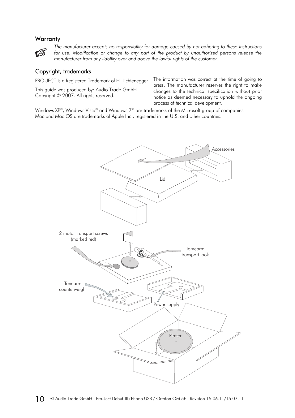 Warranty, Copyright, trademarks | Pro-Ject Audio Systems Pro-Ject Debut III/Phono USB User Manual | Page 10 / 10