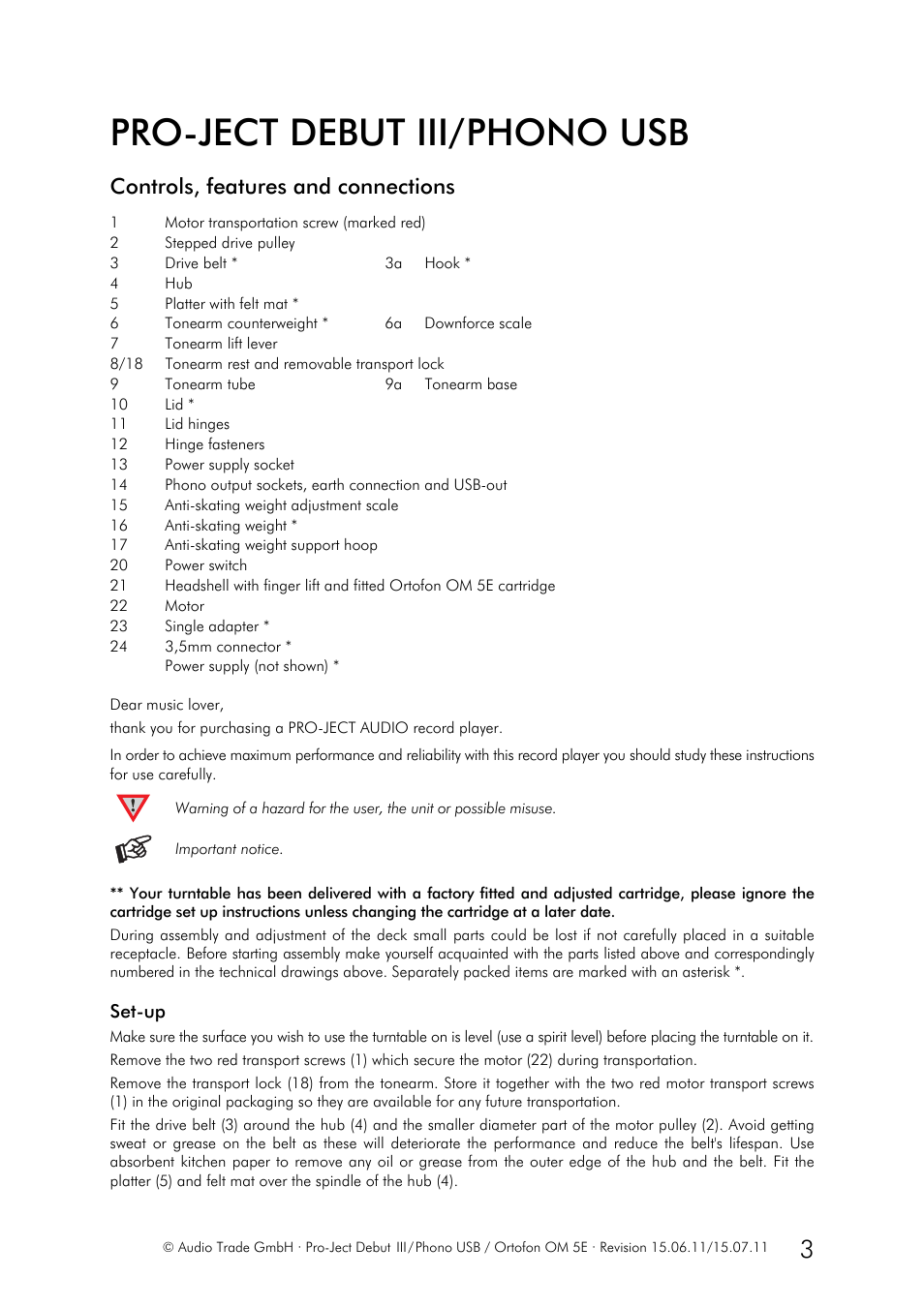 Pro-ject debut iii/phono usb, Controls, features and connections | Pro-Ject Audio Systems Pro-Ject Debut III/Phono USB User Manual | Page 3 / 10