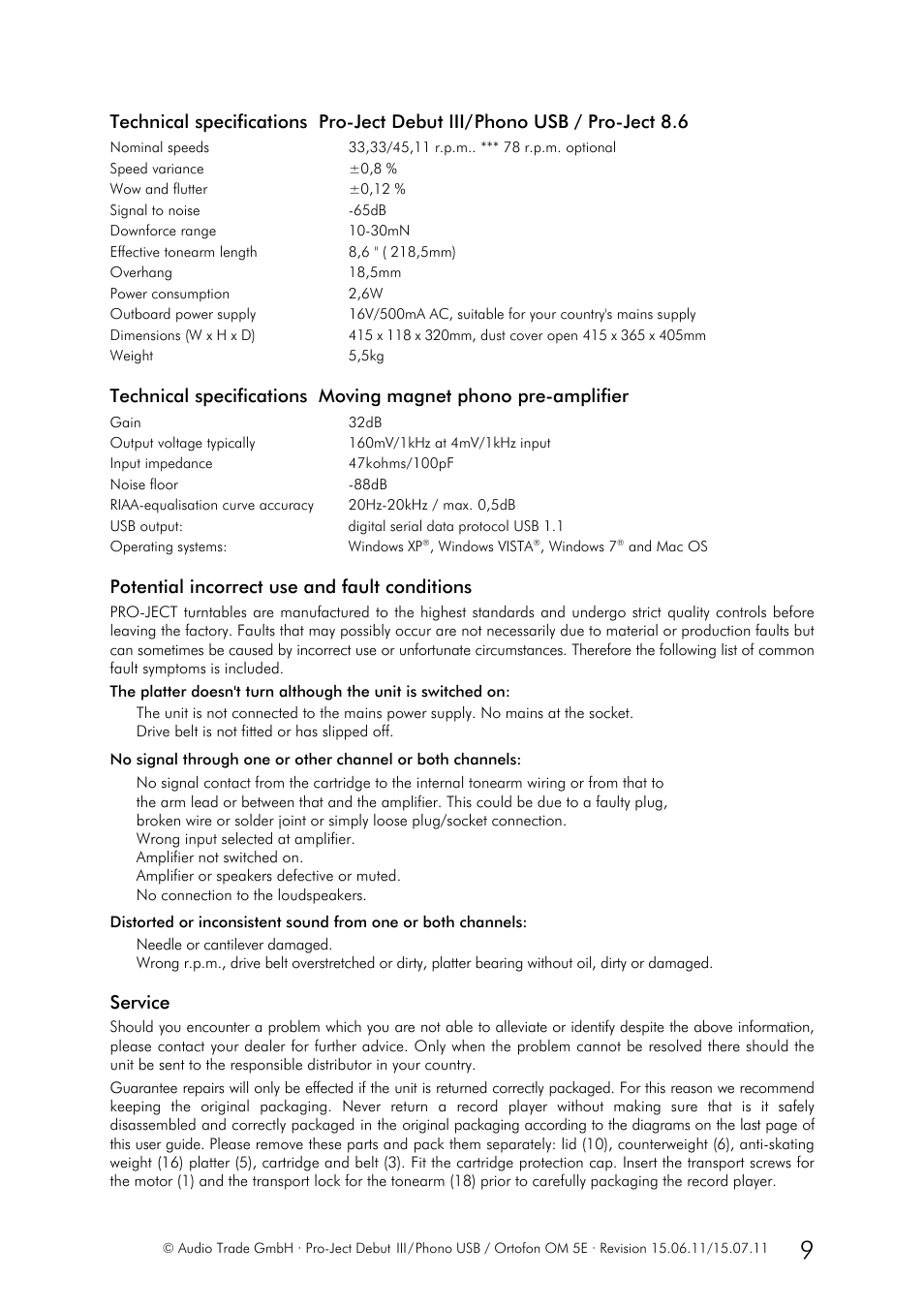 Potential incorrect use and fault conditions, Service | Pro-Ject Audio Systems Pro-Ject Debut III/Phono USB User Manual | Page 9 / 10