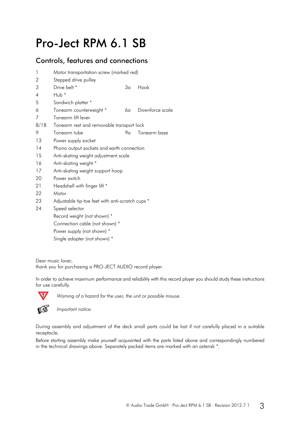 Pro-ject rpm 6.1 sb, Controls, features and connections | Pro-Ject Audio Systems Pro-Ject RPM 6.1 SB User Manual | Page 3 / 8