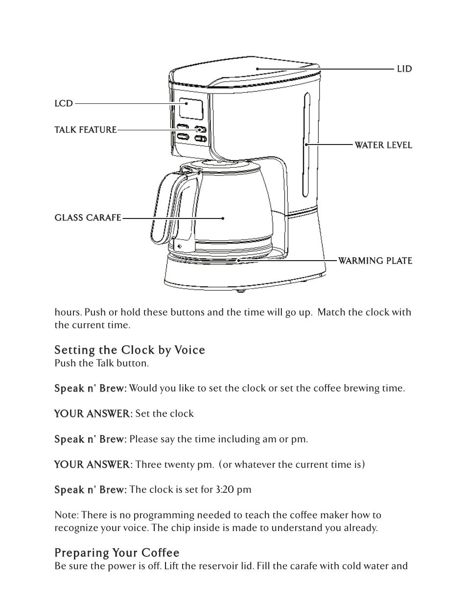 S etting the clo ck by voice, Preparing your coffee | Epoca SAB-3001 User Manual | Page 4 / 8