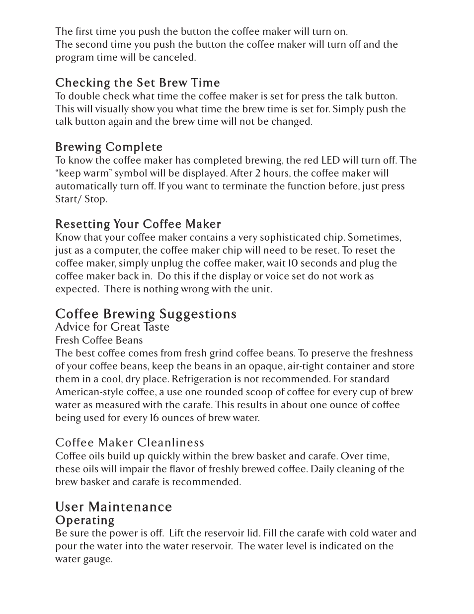Coffee brewing sug gestions, User maintenance | Epoca SAB-3001 User Manual | Page 6 / 8