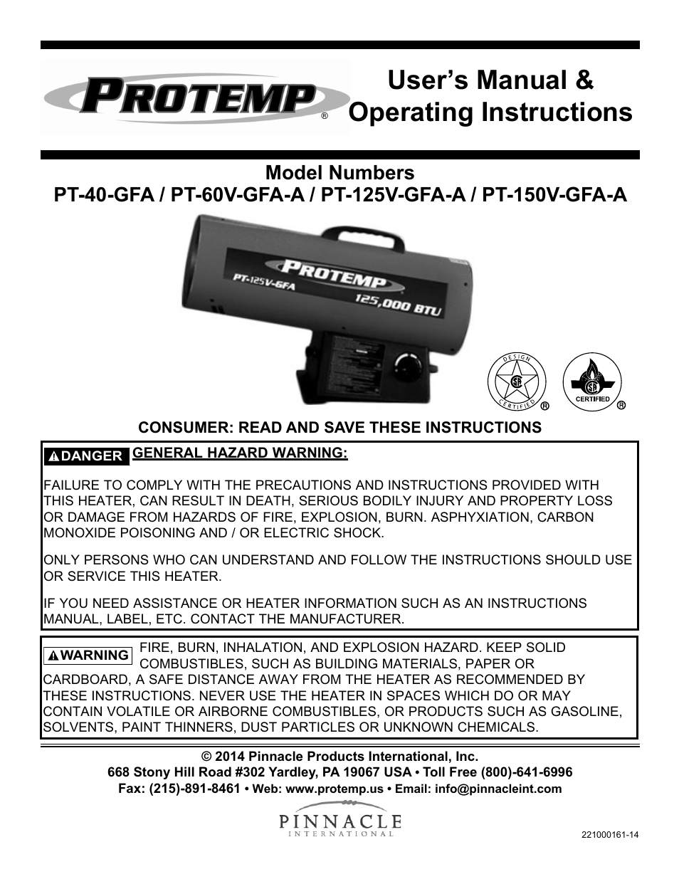 ProTemp PT-150V-GFA User Manual | 16 pages