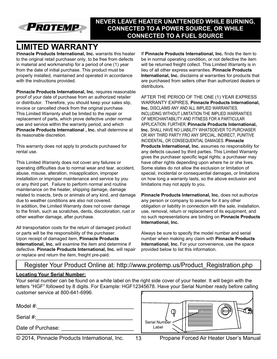 Limited warranty | ProTemp PT-150V-GFA User Manual | Page 14 / 16
