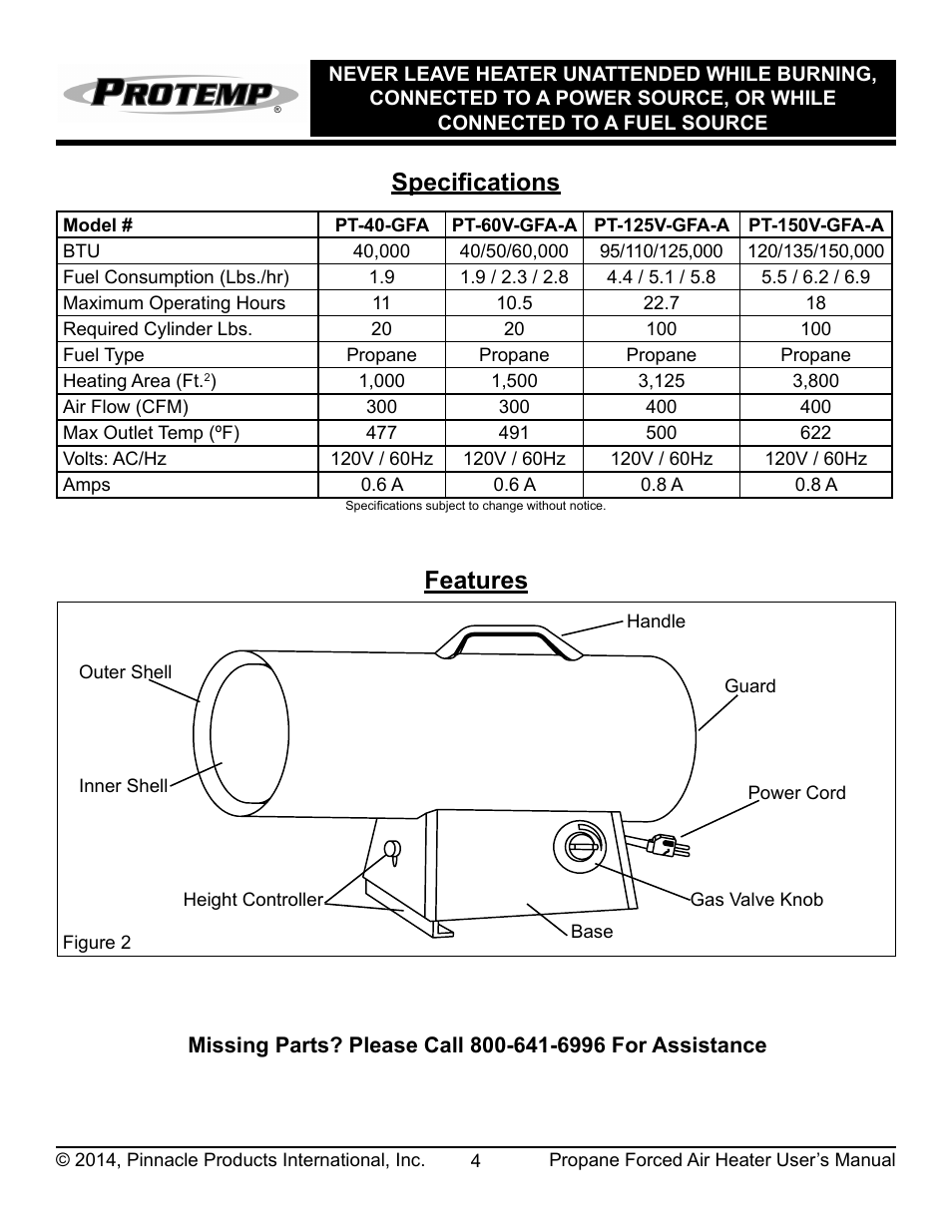 Features, Specifications | ProTemp PT-150V-GFA User Manual | Page 5 / 16