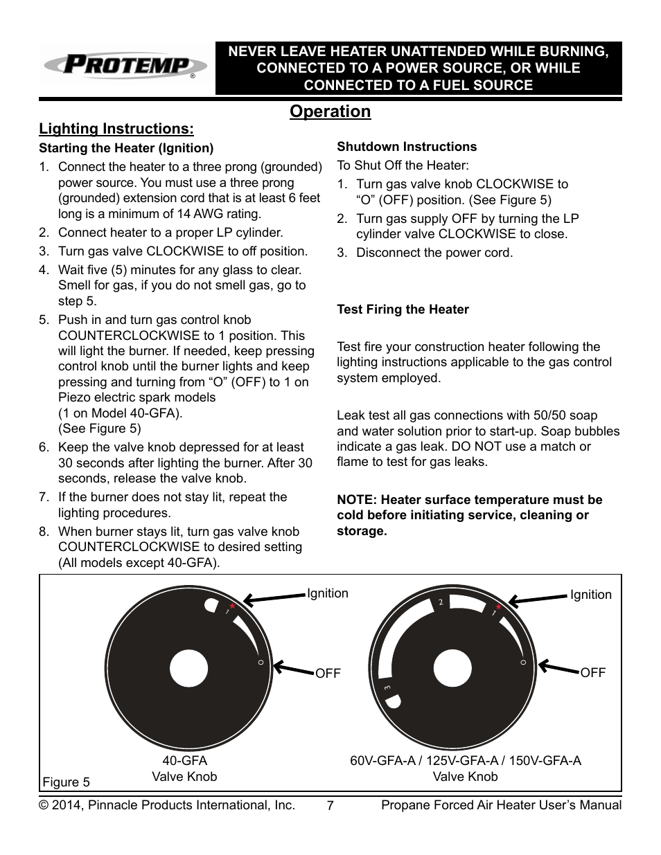 Operation, Lighting instructions | ProTemp PT-150V-GFA User Manual | Page 8 / 16