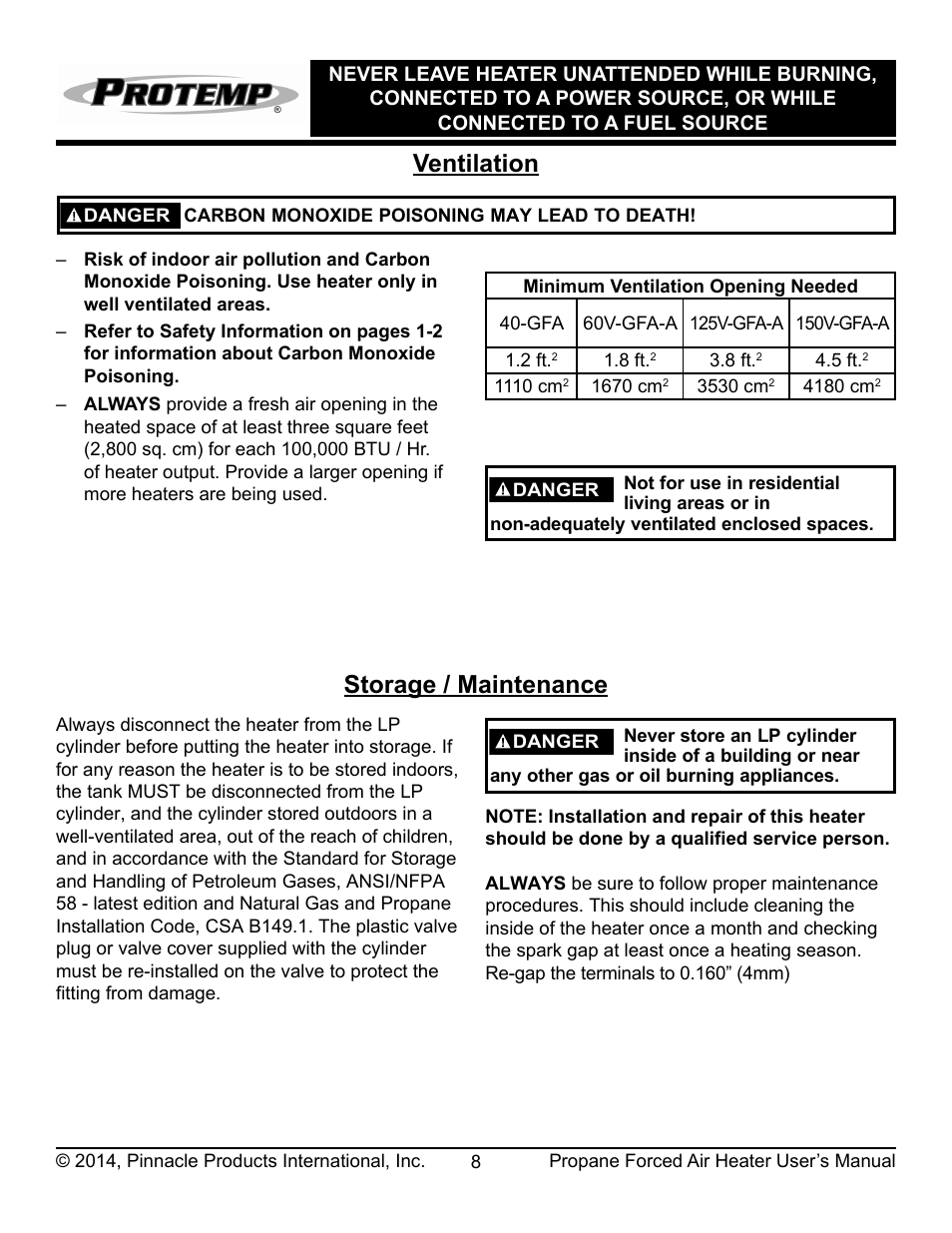 Ventilation, Storage / maintenance | ProTemp PT-150V-GFA User Manual | Page 9 / 16