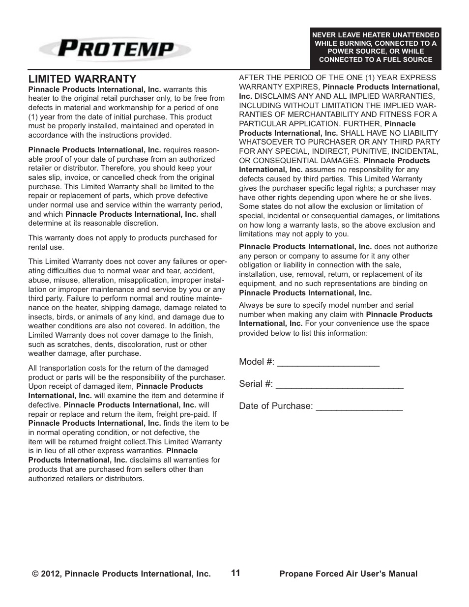 Limited warranty | ProTemp PT-150V-GFA User Manual | Page 11 / 12