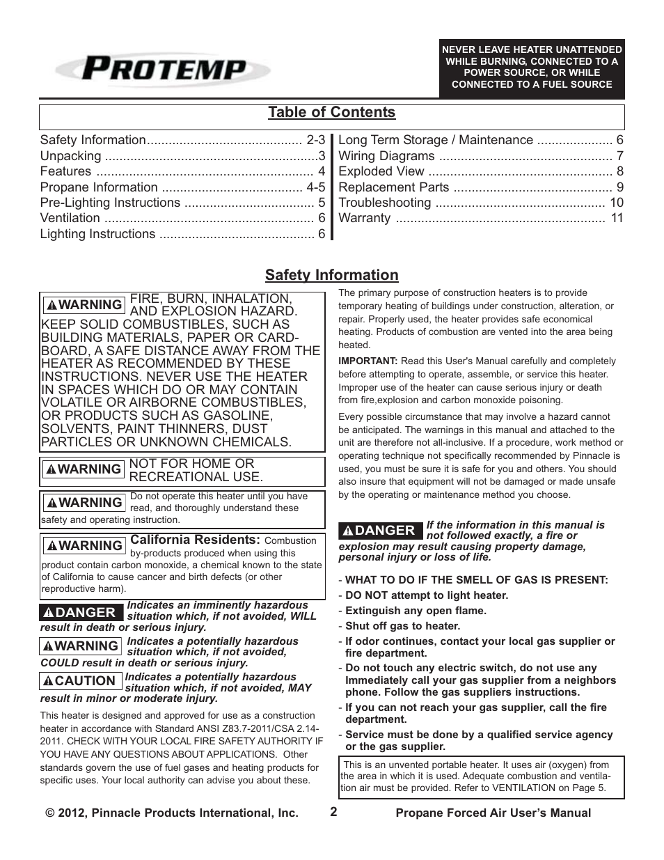 Table of contents safety information | ProTemp PT-150V-GFA User Manual | Page 2 / 12