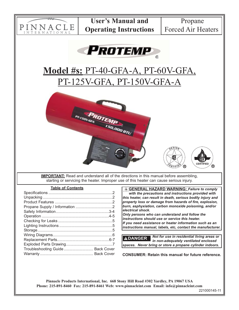 ProTemp PT-150V-GFA User Manual | 8 pages