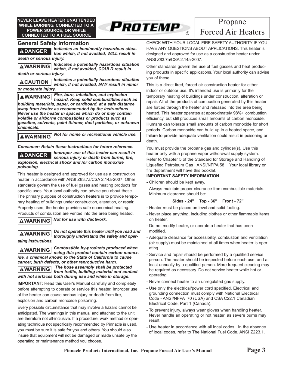Propane forced air heaters, Page 3 | ProTemp PT-150V-GFA User Manual | Page 3 / 8