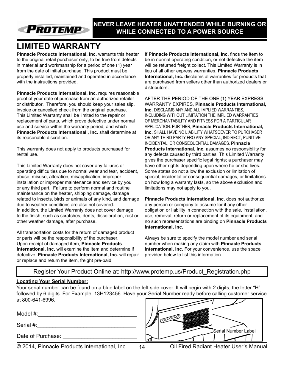 Limited warranty | ProTemp PT-70-SS User Manual | Page 15 / 16