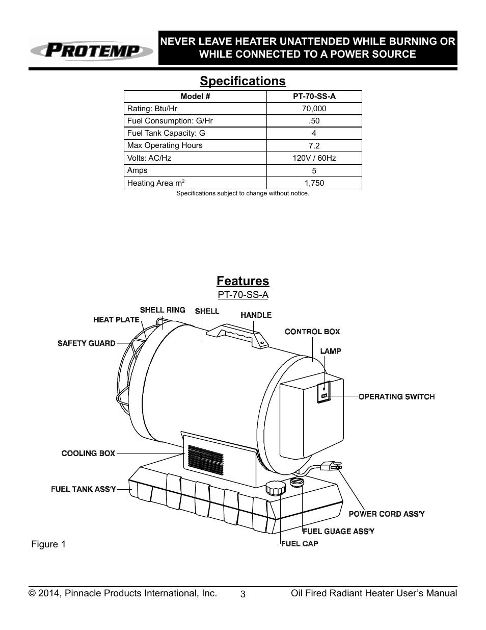 Specifications features | ProTemp PT-70-SS User Manual | Page 4 / 16