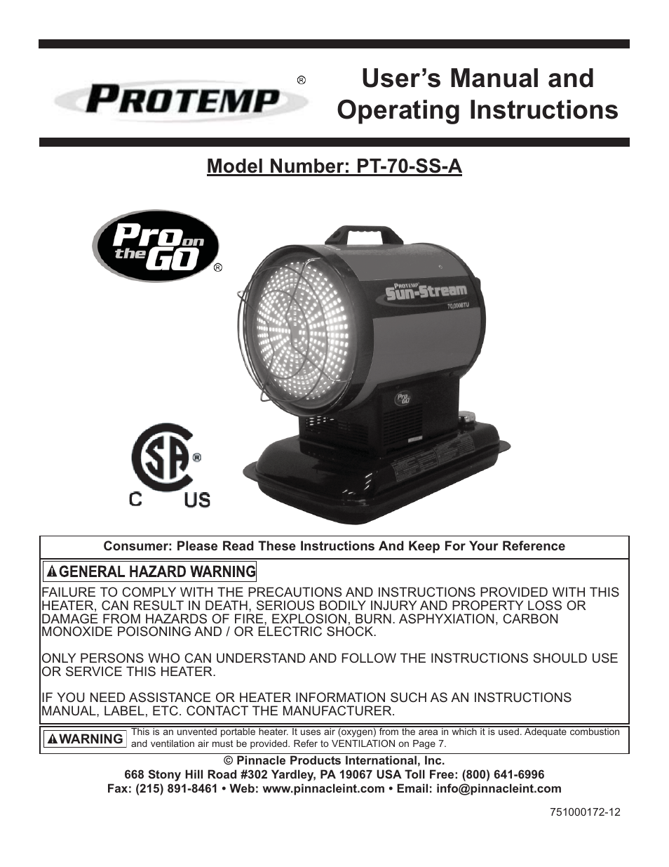 ProTemp PT-70-SS User Manual | 12 pages