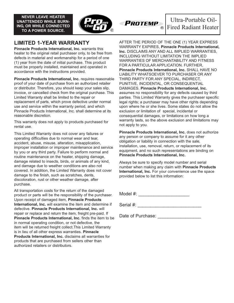 Ultra-portable oil- fired radiant heater, Limited 1-year warranty | ProTemp PT-70-SS User Manual | Page 12 / 12