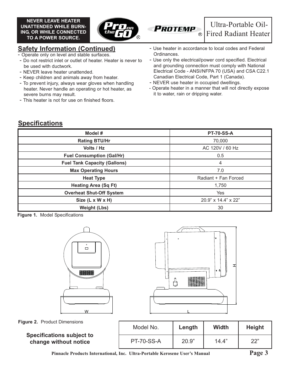Ultra-portable oil- fired radiant heater, Safety information (continued), Specifications | Page 3 | ProTemp PT-70-SS User Manual | Page 3 / 12
