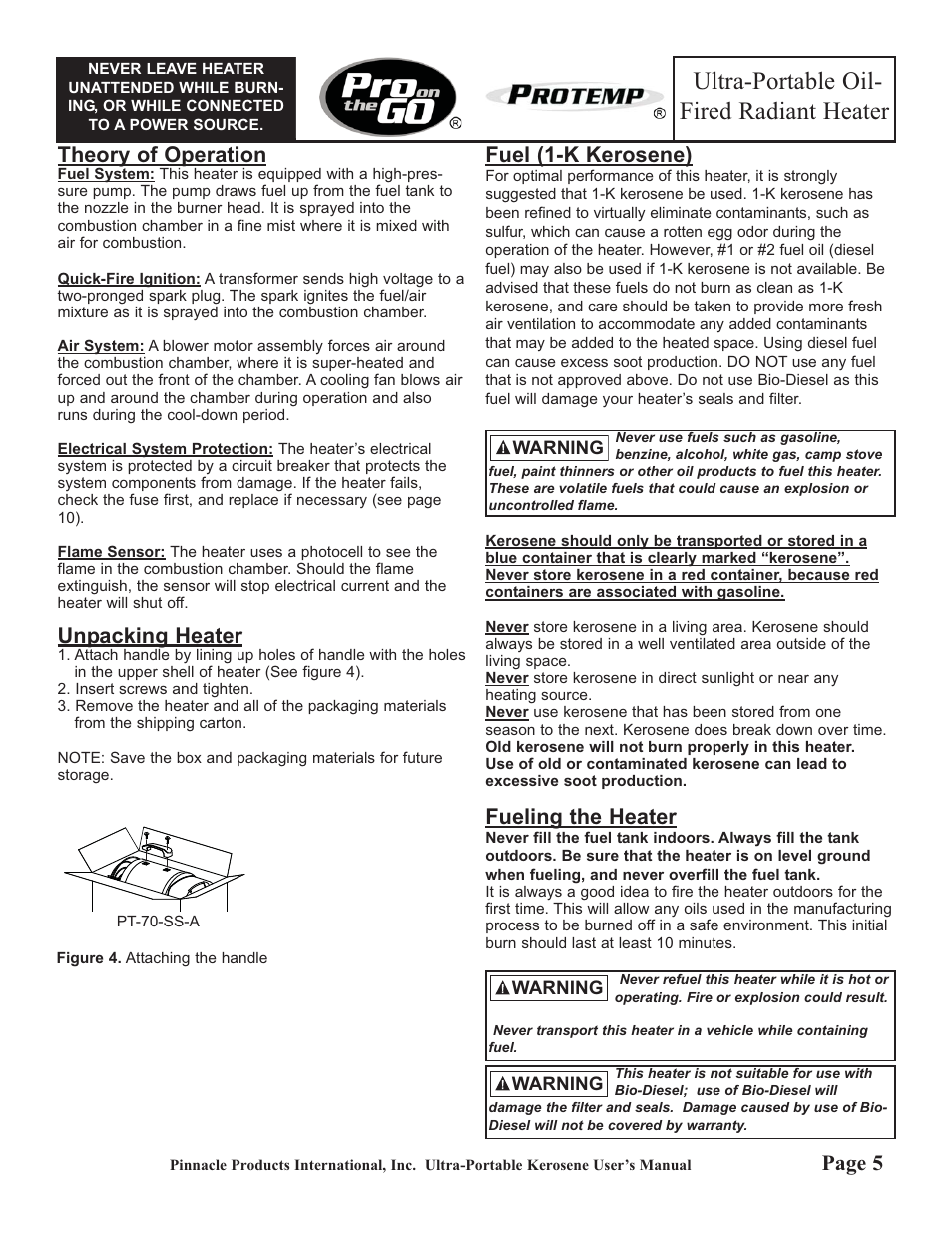 Ultra-portable oil- fired radiant heater, Theory of operation, Unpacking heater | Fuel (1-k kerosene), Fueling the heater, Page 5 | ProTemp PT-70-SS User Manual | Page 5 / 12