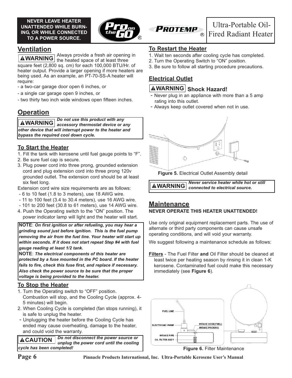Ultra-portable oil- fired radiant heater, Ventilation, Operation | Maintenance, Page 6 | ProTemp PT-70-SS User Manual | Page 6 / 12