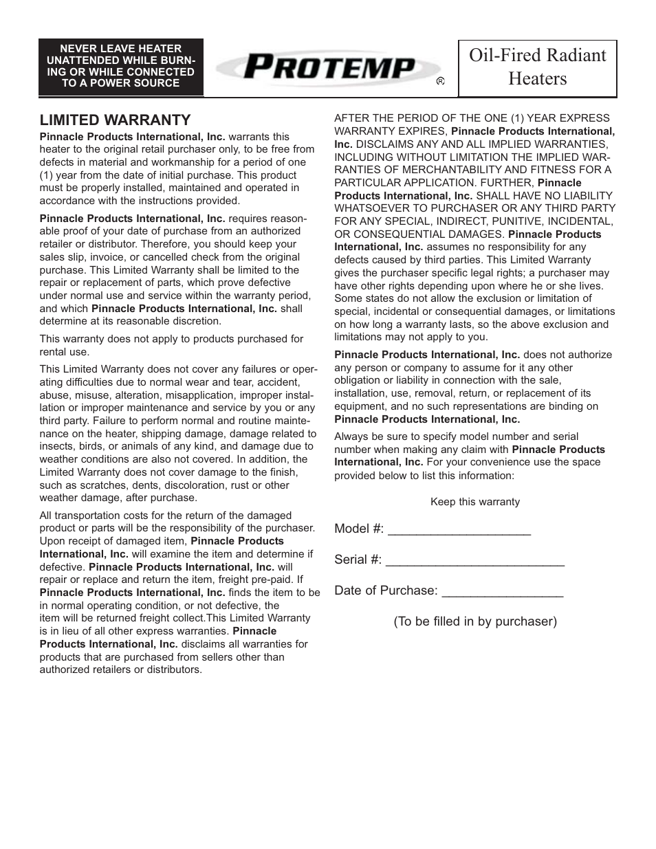 Oil-fired radiant heaters, Limited warranty | ProTemp PT-125-OFR User Manual | Page 12 / 12