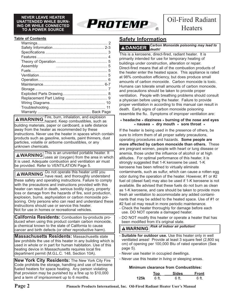 Oil-fired radiant heaters, Safety information, Page 2 | ProTemp PT-125-OFR User Manual | Page 2 / 12