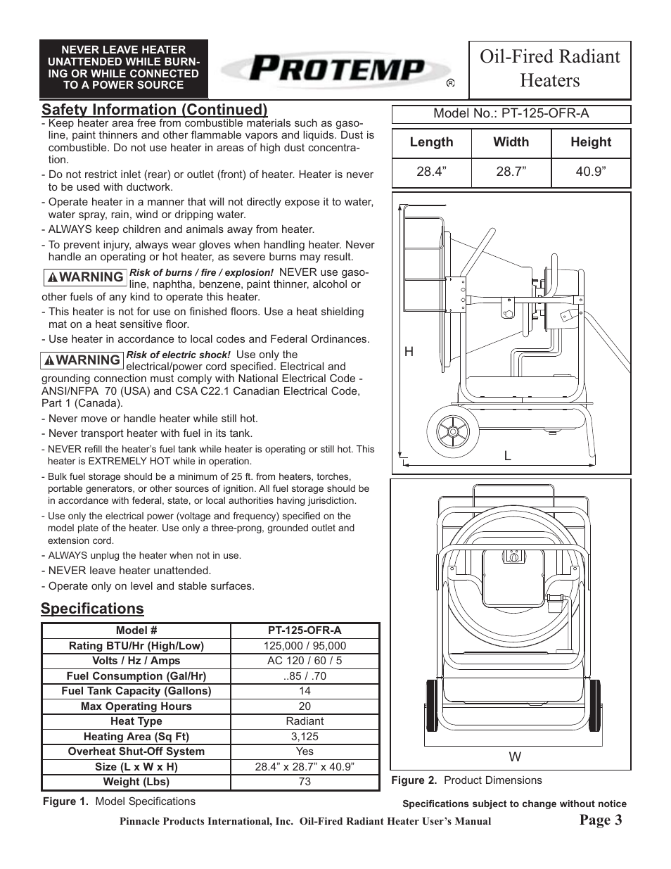 Oil-fired radiant heaters, Safety information (continued), Specifications | Page 3 | ProTemp PT-125-OFR User Manual | Page 3 / 12