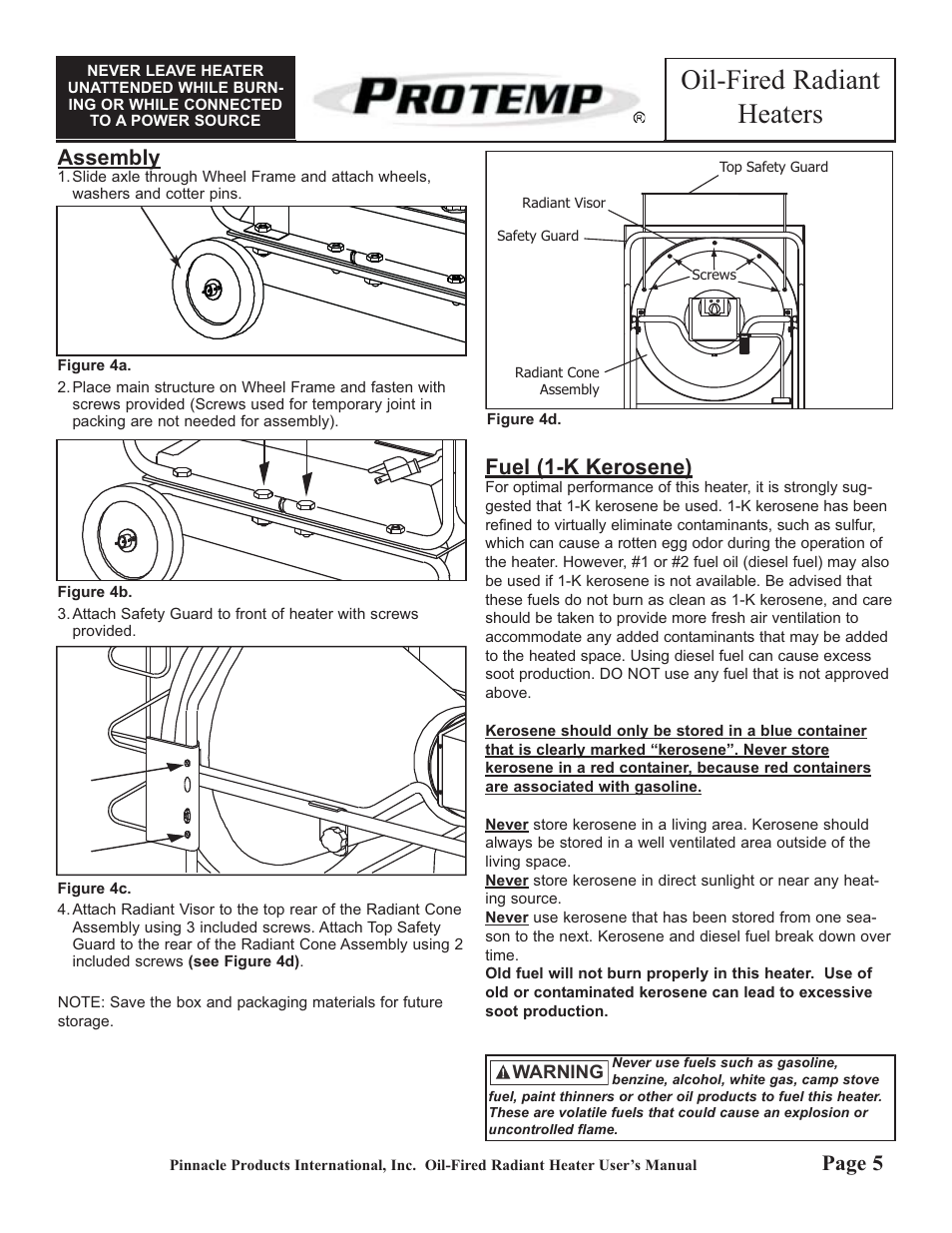 Oil-fired radiant heaters, Assembly, Fuel (1-k kerosene) | Page 5 | ProTemp PT-125-OFR User Manual | Page 5 / 12
