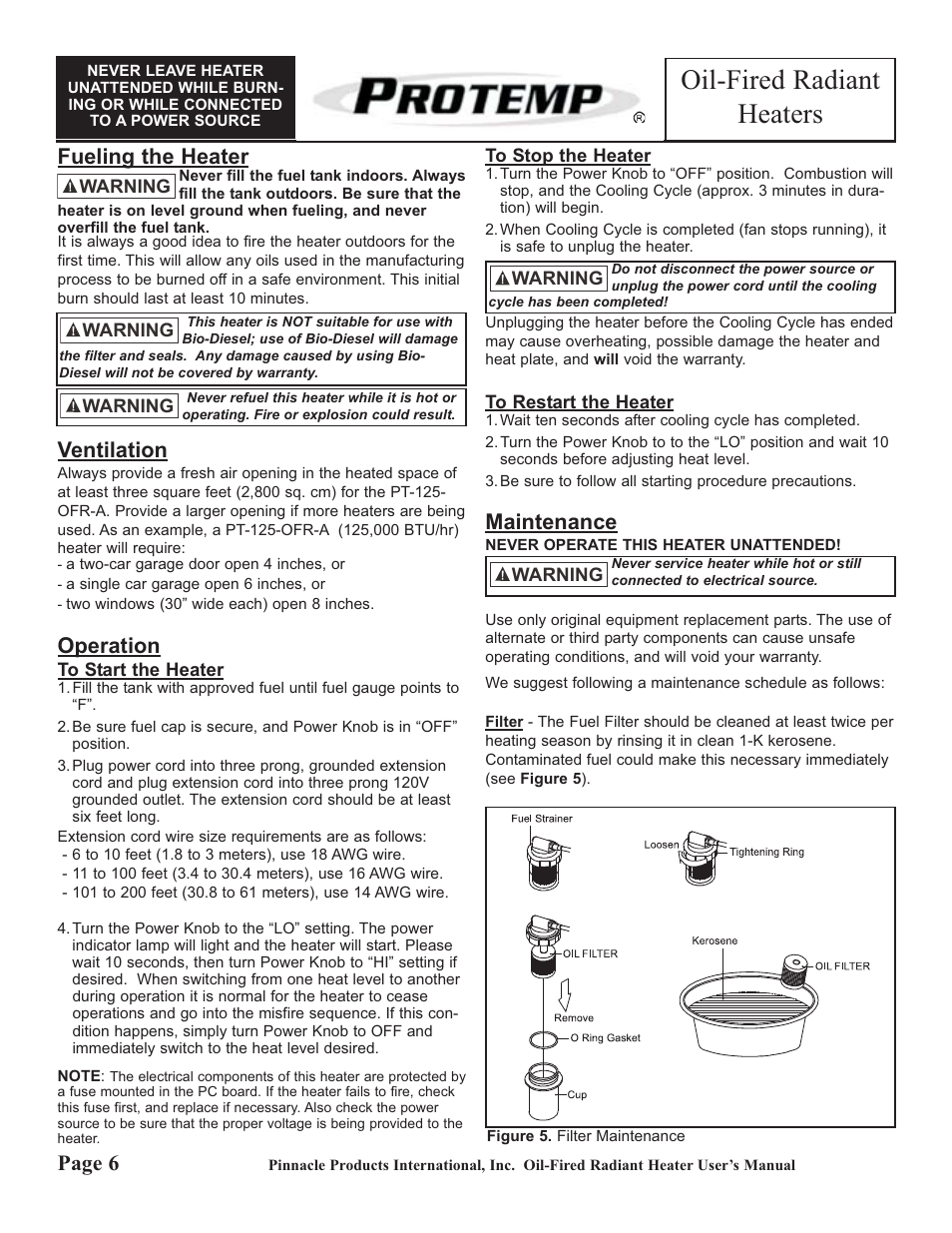 Oil-fired radiant heaters, Fueling the heater, Ventilation | Operation, Maintenance, Page 6 | ProTemp PT-125-OFR User Manual | Page 6 / 12