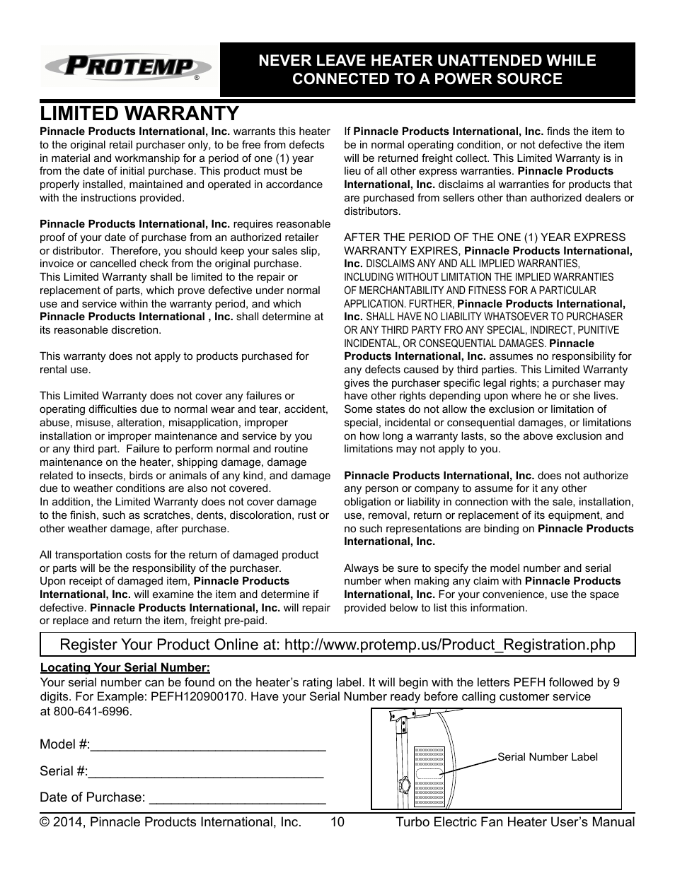 Limited warranty | ProTemp PT-53-240 User Manual | Page 11 / 12