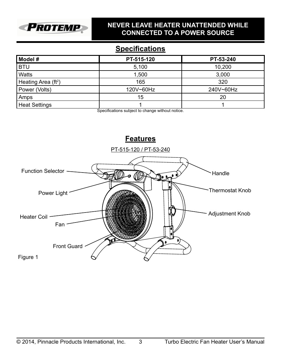 Specifications, Features | ProTemp PT-53-240 User Manual | Page 4 / 12
