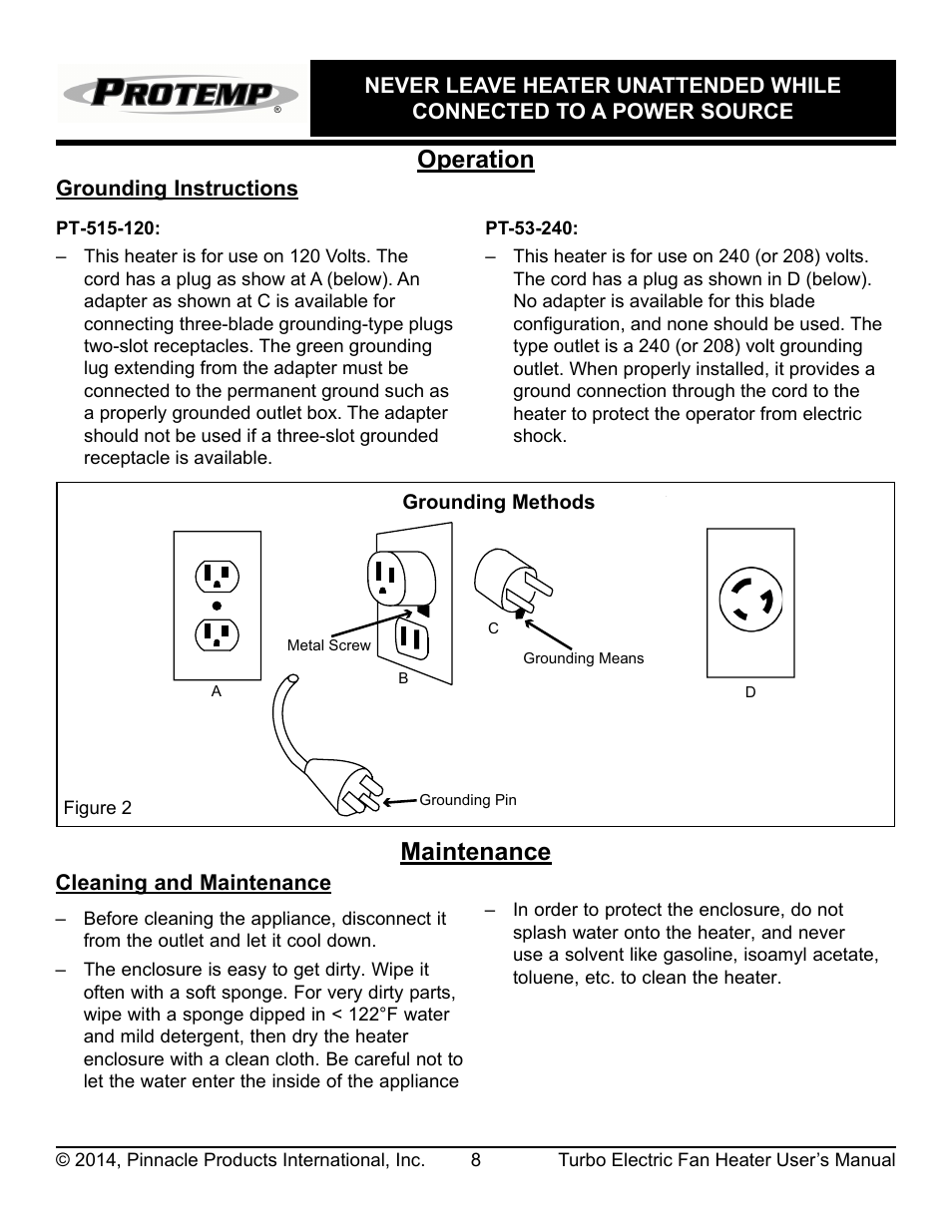 Maintenance, Operation | ProTemp PT-53-240 User Manual | Page 9 / 12
