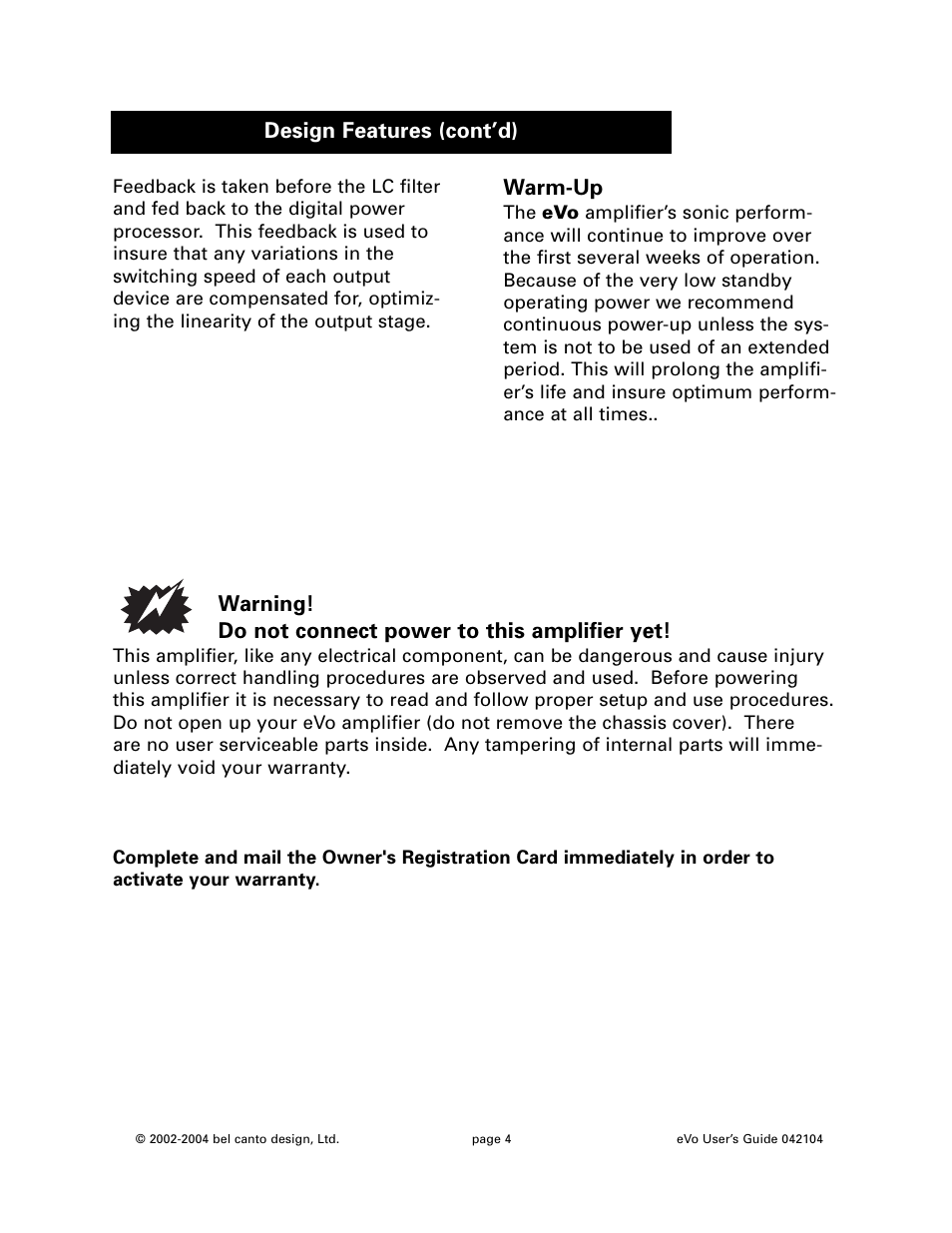 Warm-up, Design features (cont’d) | Bel Canto Design eVo6 User Manual | Page 4 / 10