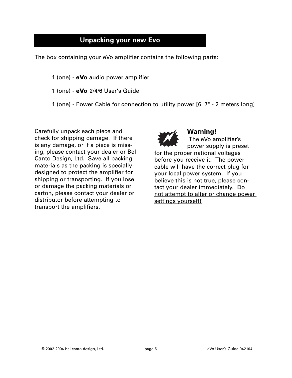 Unpacking your new evo, Warning | Bel Canto Design eVo6 User Manual | Page 5 / 10