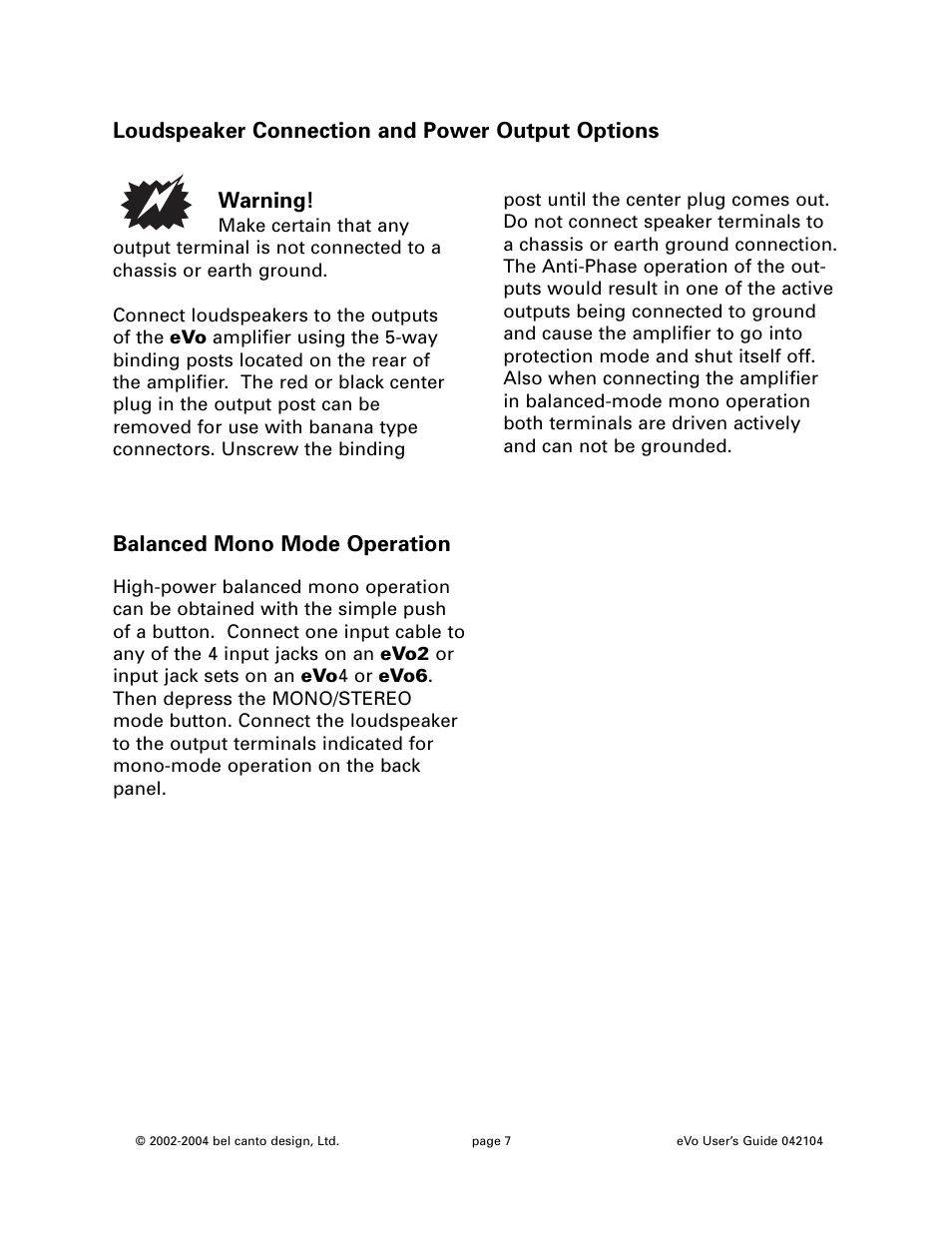 Warning | Bel Canto Design eVo6 User Manual | Page 7 / 10