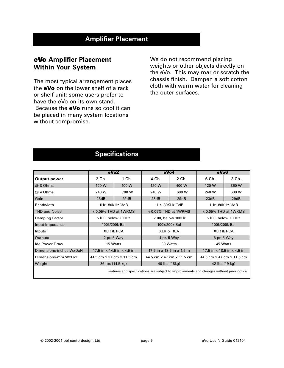 Evo amplifier placement within your system, Amplifier placement specifications | Bel Canto Design eVo6 User Manual | Page 9 / 10