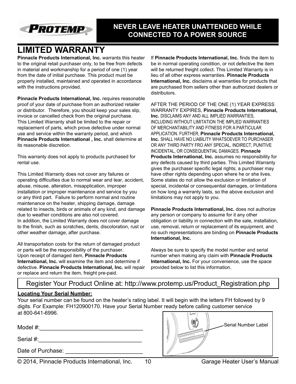 Limited warranty | ProTemp PT-05-240-GH User Manual | Page 11 / 12