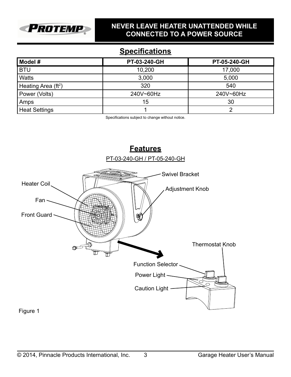 Specifications, Features | ProTemp PT-05-240-GH User Manual | Page 4 / 12