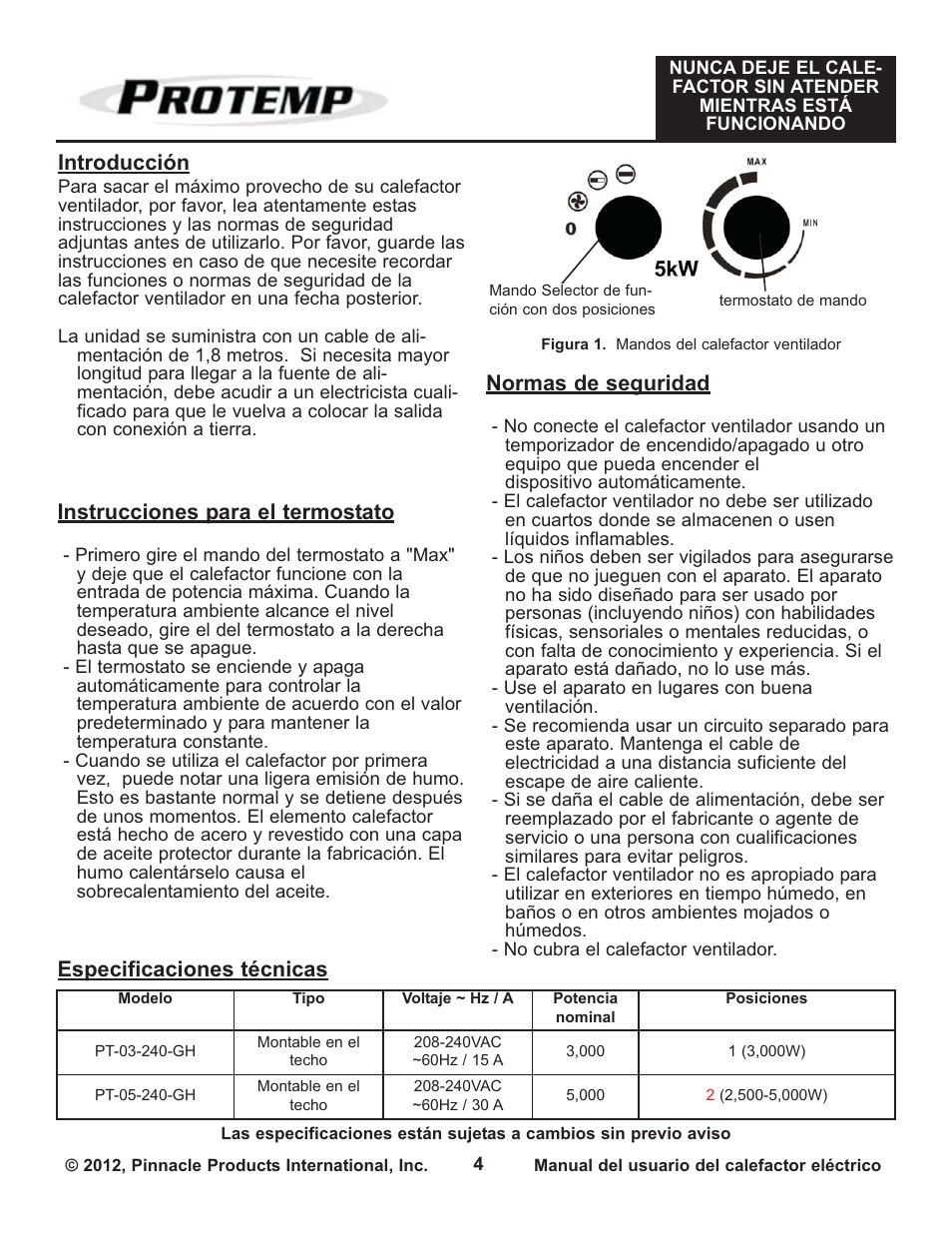 Introducción, Especificaciones técnicas | ProTemp PT-05-240-GH User Manual | Page 10 / 18