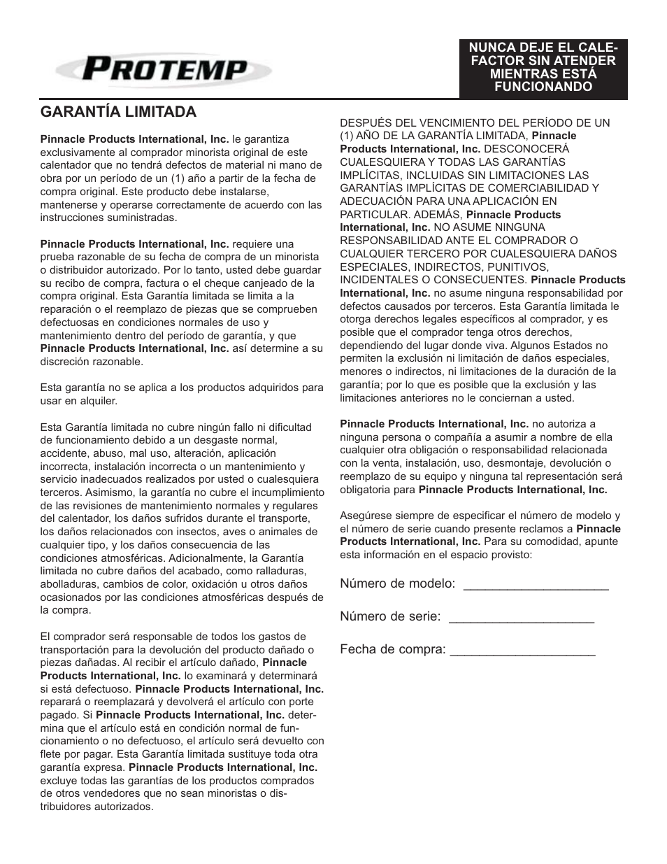 Garantía limitada | ProTemp PT-05-240-GH User Manual | Page 12 / 18