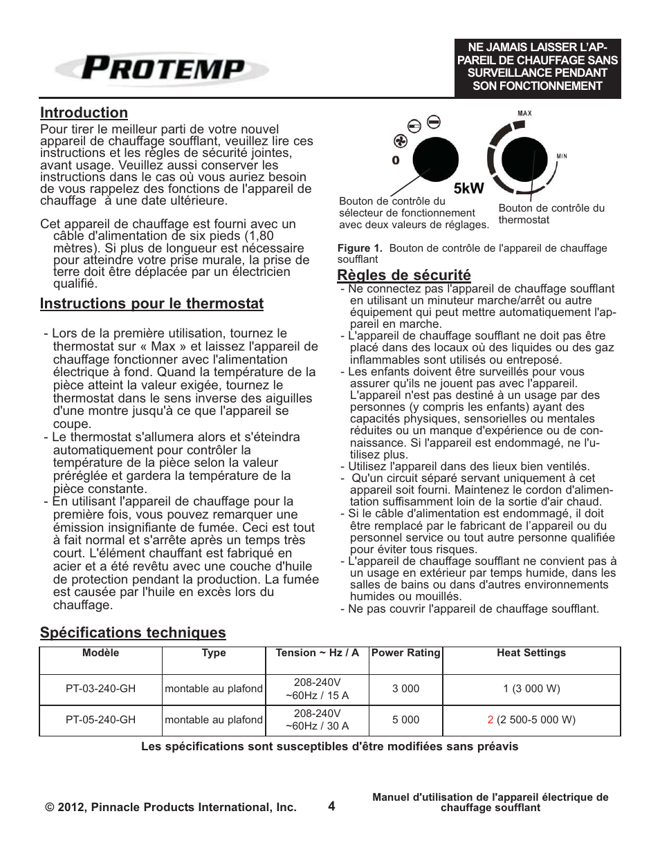 Introduction, Spécifications techniques, Instructions pour le thermostat règles de sécurité | ProTemp PT-05-240-GH User Manual | Page 16 / 18