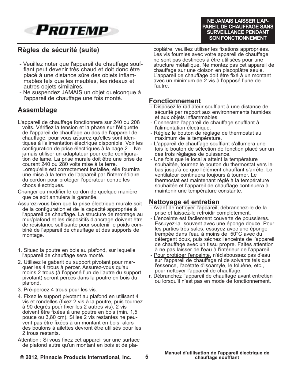 Règles de sécurité (suite), Assemblage, Fonctionnement | Nettoyage et entretien | ProTemp PT-05-240-GH User Manual | Page 17 / 18