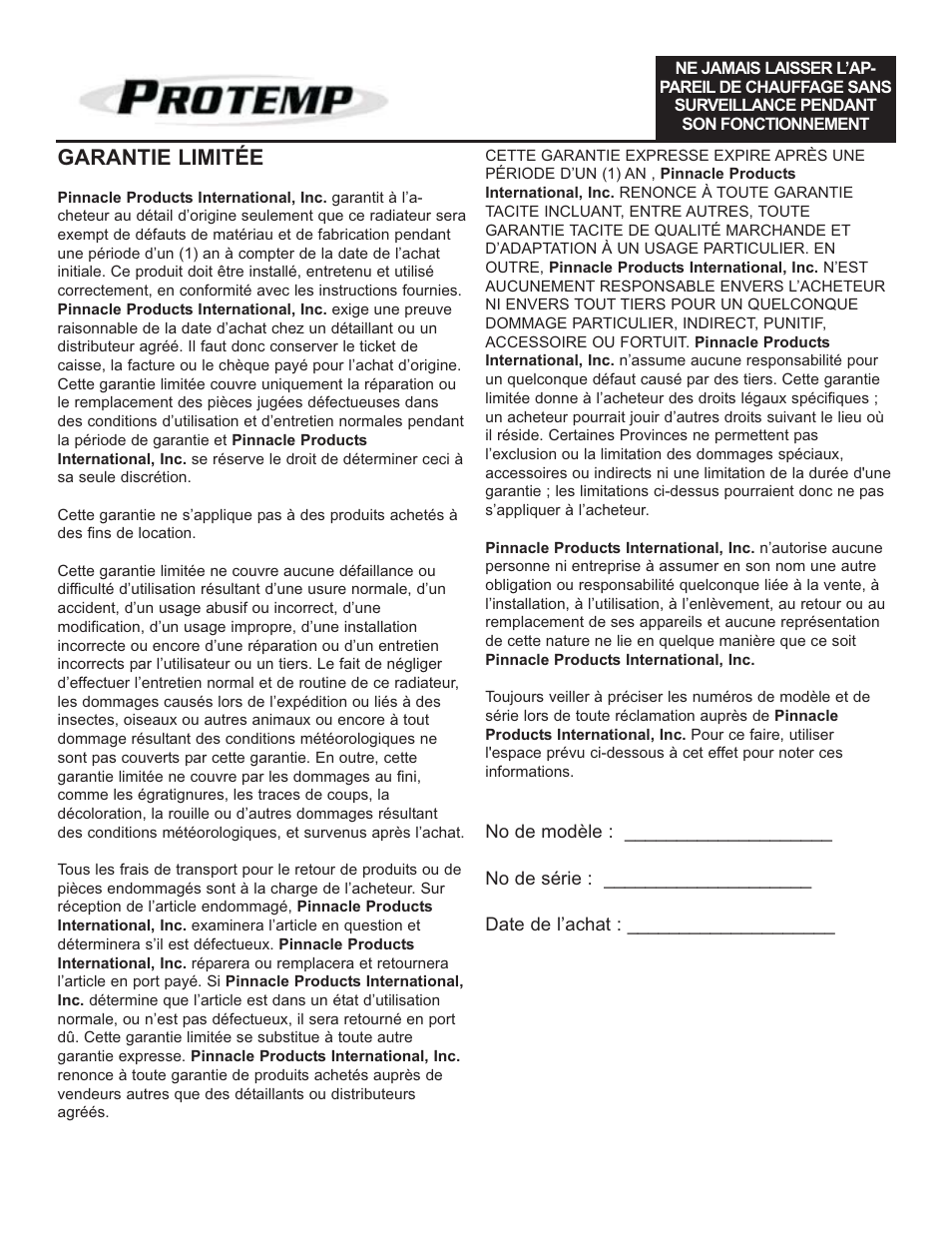 Garantie limitée | ProTemp PT-05-240-GH User Manual | Page 18 / 18