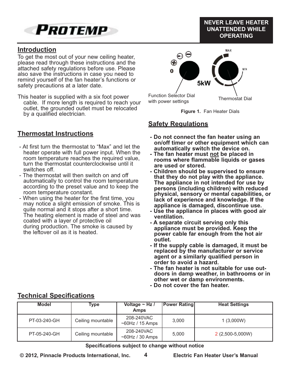 Introduction, Technical specifications, Thermostat instructions safety regulations | ProTemp PT-05-240-GH User Manual | Page 4 / 18