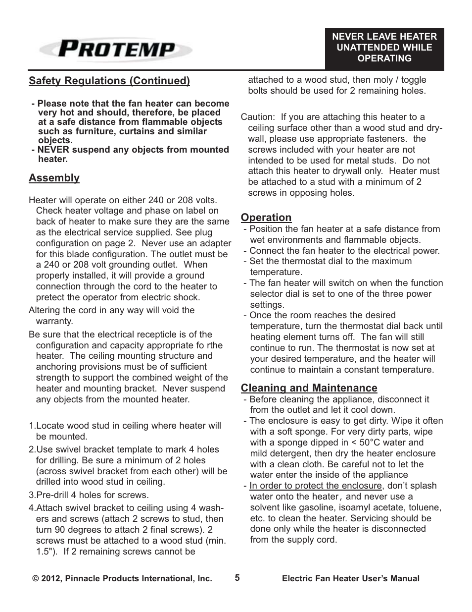 ProTemp PT-05-240-GH User Manual | Page 5 / 18