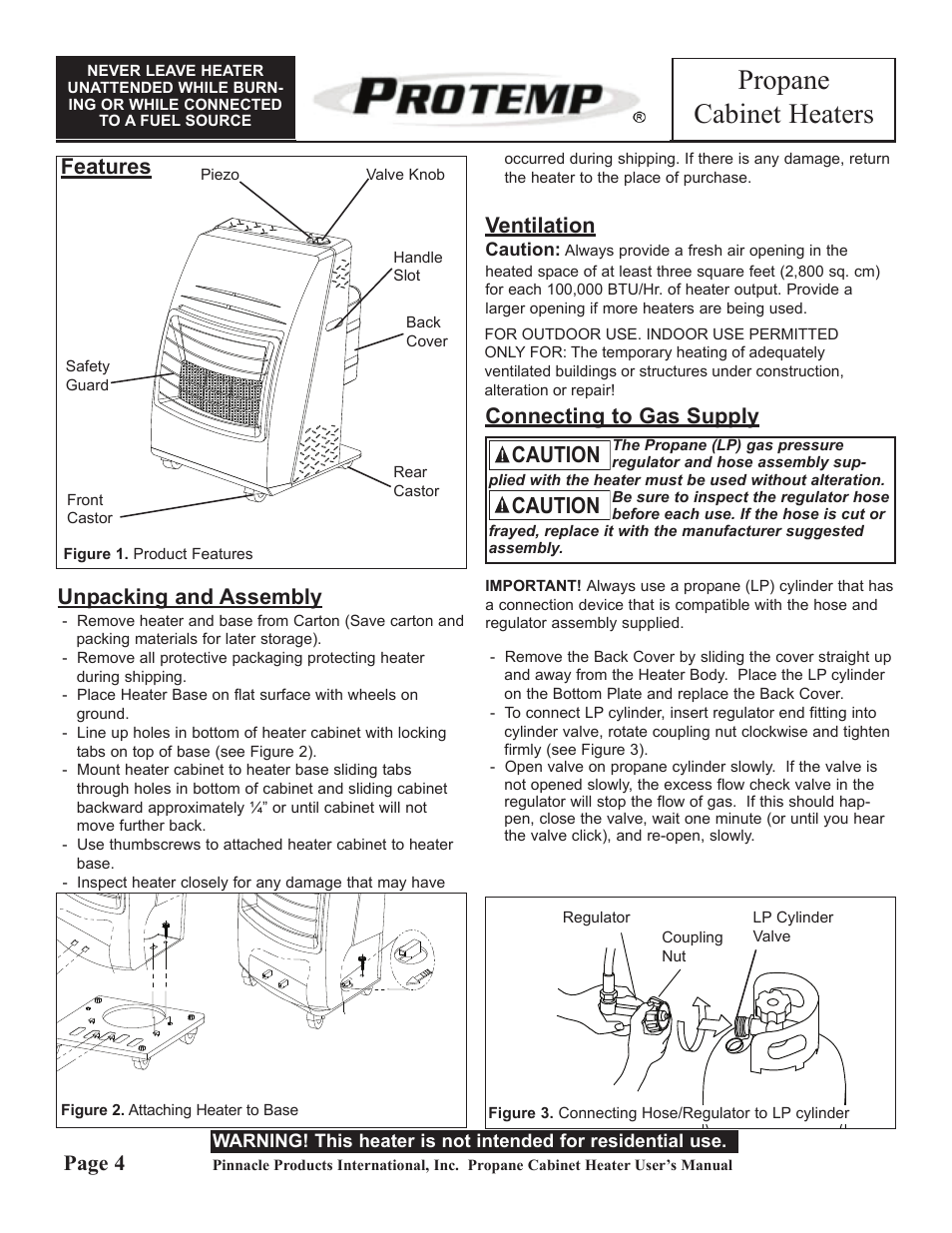 Propane cabinet heaters, Caution, Unpacking and assembly | Ventilation, Connecting to gas supply, Page 4, Features | ProTemp PT-18-PCH-A User Manual | Page 4 / 8