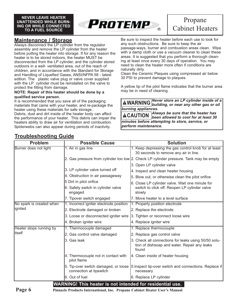 Propane cabinet heaters, Caution warning, Maintenance / storage | Page 6, Troubleshooting guide | ProTemp PT-18-PCH-A User Manual | Page 6 / 8