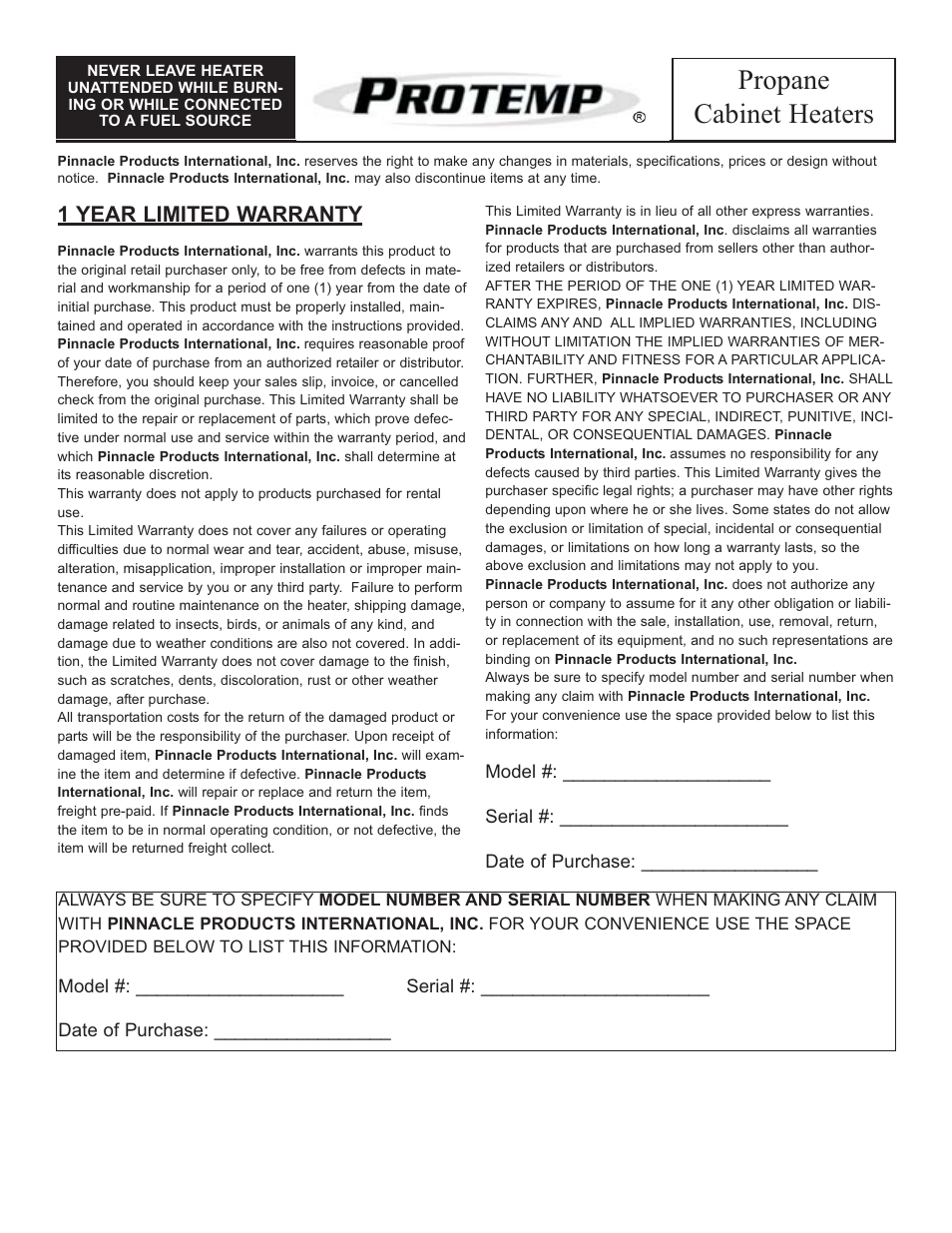 Propane cabinet heaters | ProTemp PT-18-PCH-A User Manual | Page 8 / 8