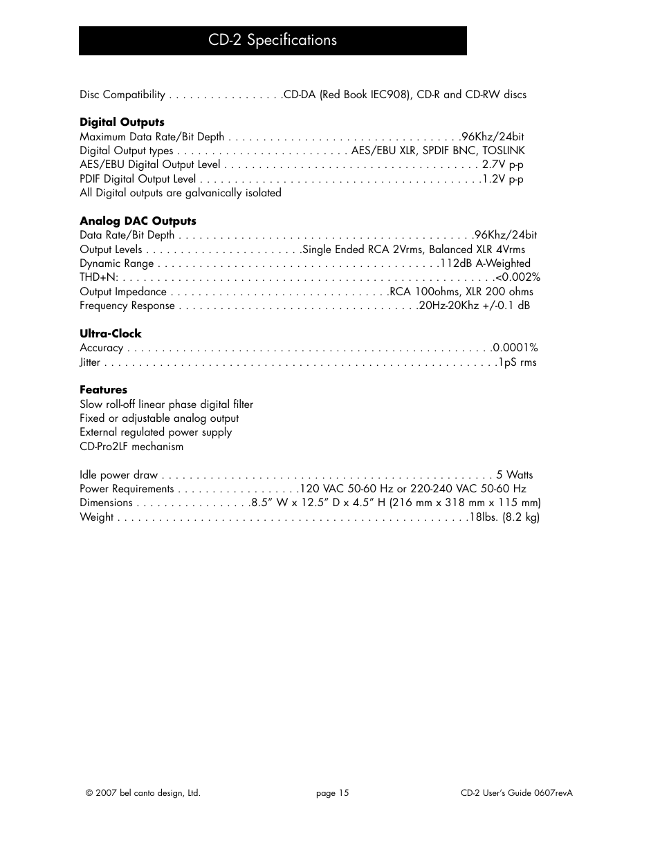 Cd-2 specifications | Bel Canto Design CD-2 User Manual | Page 14 / 15