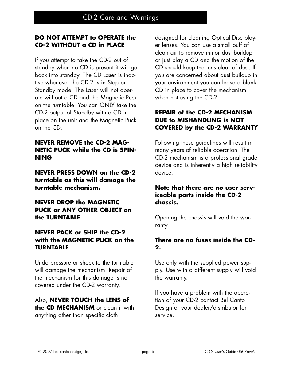 Cd-2 care and warnings | Bel Canto Design CD-2 User Manual | Page 5 / 15