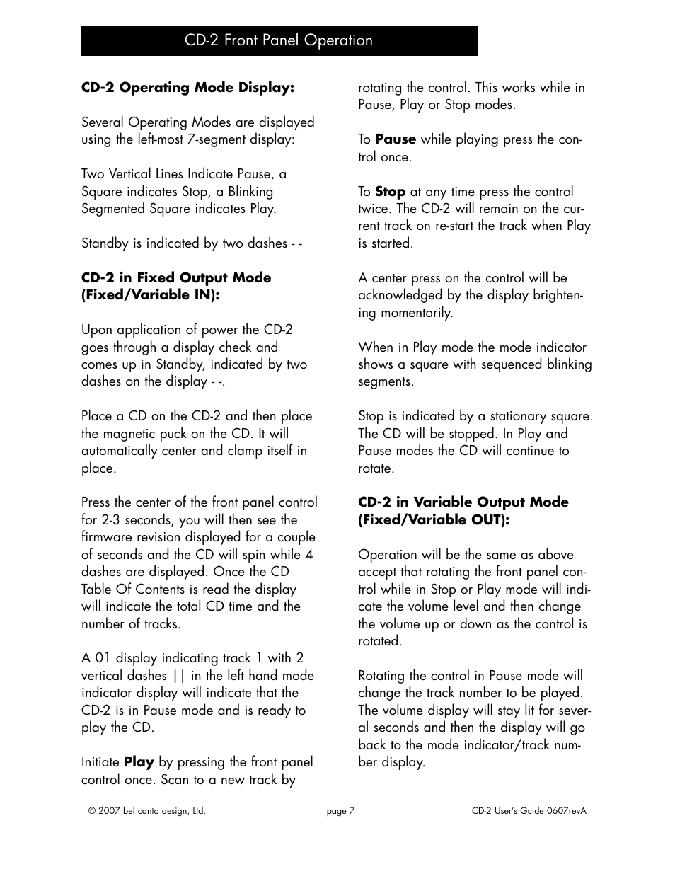 Cd-2 front panel operation | Bel Canto Design CD-2 User Manual | Page 6 / 15
