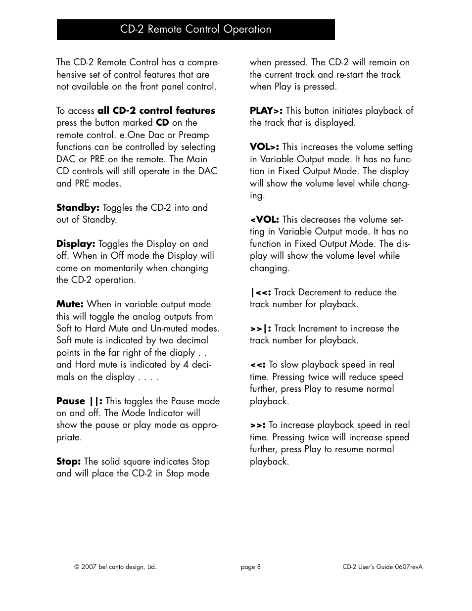 Cd-2 remote control operation | Bel Canto Design CD-2 User Manual | Page 7 / 15
